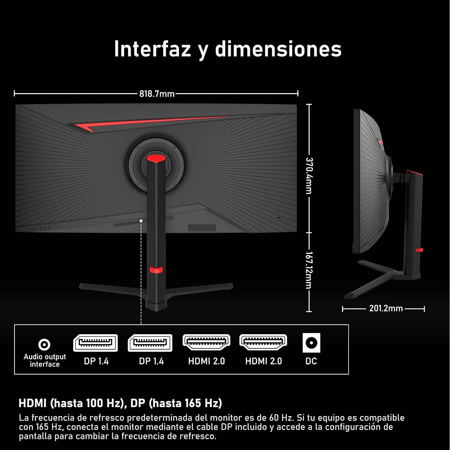 Gawfolk Monitor Gaming Curvo ultrawide de 34 Pulgadas, 165 Hz, Pantalla 3800R 21:9 UWQHD (3440×1440), 120% sRGB, 1 ms, Adaptive Sync, DisplayPort, HDMI, Soporte Ajustable en Altura – Negro 9