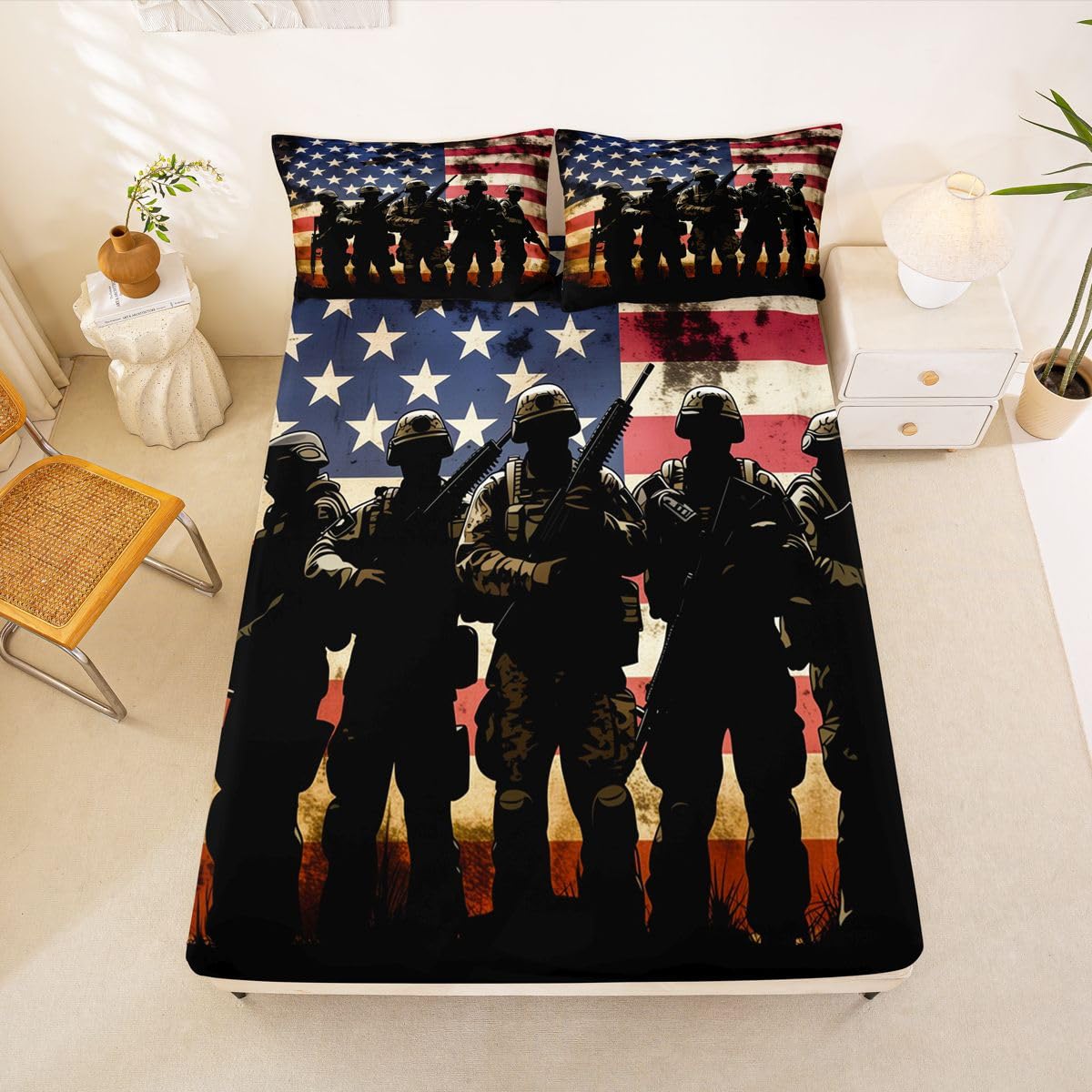 Homemissing Sábana bajera ajustable con diseño de bandera estadounidense, tamaño King, para niños y niñas, con bolsillo profundo de 16 pulgadas, con 2 fundas de almohada, decoración de habitación