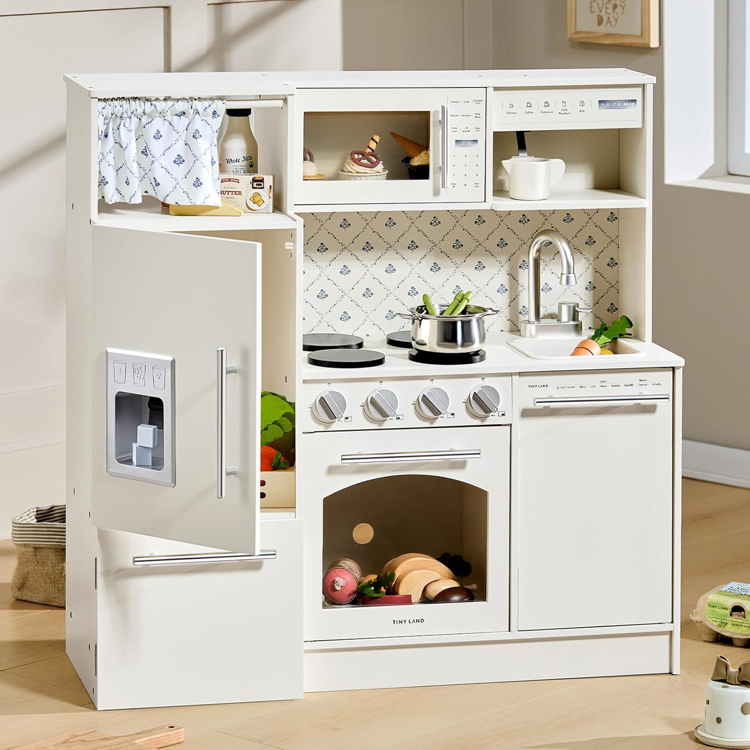 TinyLand Upgraded Wooden Play Kitchen for Kids 3+ - Pretend Cooking Set with Sink, Stove, Microwave, Coffee Station & Storage