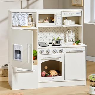TinyLand Upgraded Wooden Play Kitchen for Kids 3+ - Pretend Cooking Set with Sink, Stove, Microwave, Coffee Station & Storage