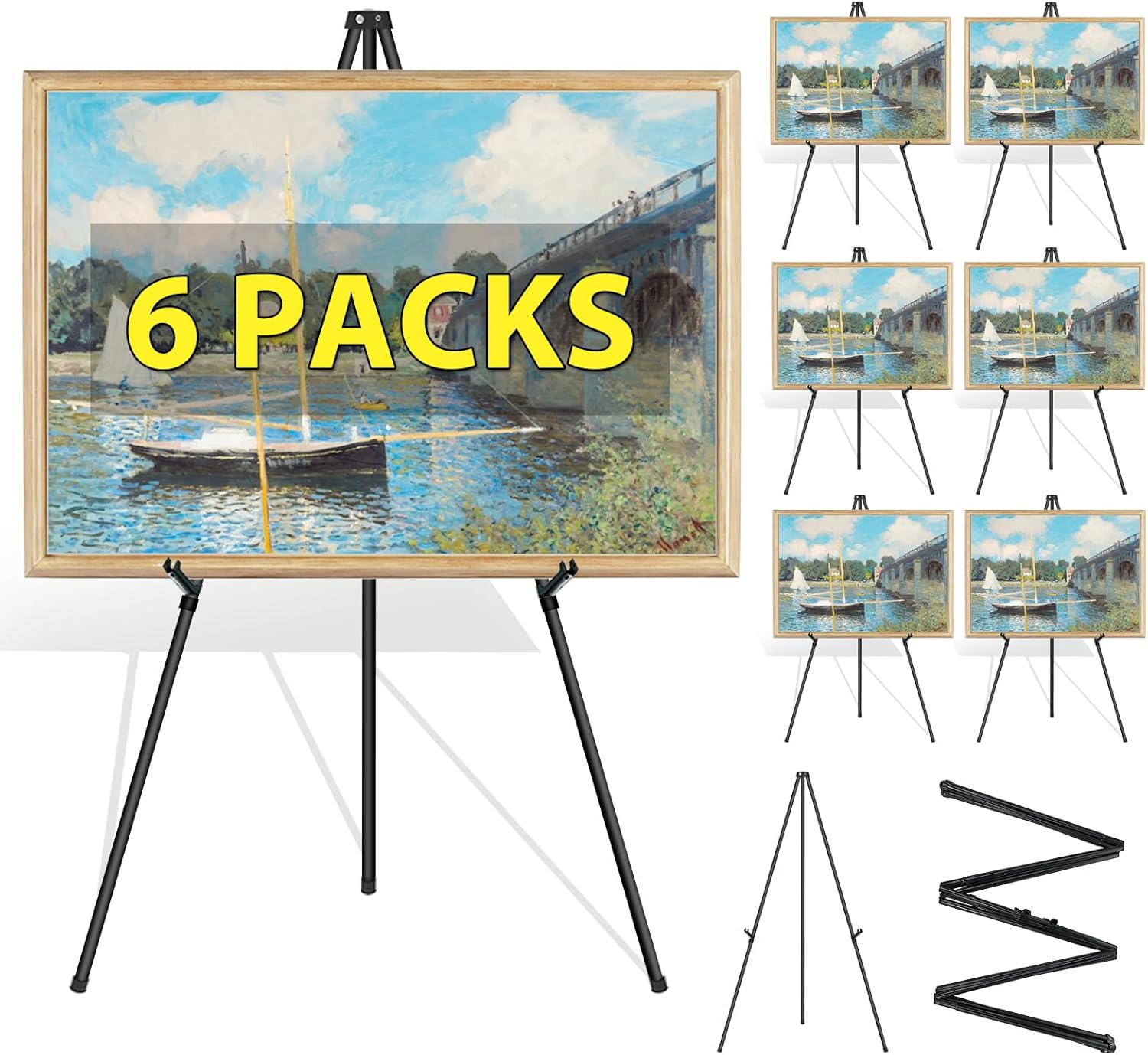 6 Pcs Thickened Easel Stand for Sign 65'' Metal Art Easels for Wedding - Portable Picture Stands for Display - Collapsible Floor Easle - Welcome Sign Stand for Artist, Painting, Decor- (Black, 6P)