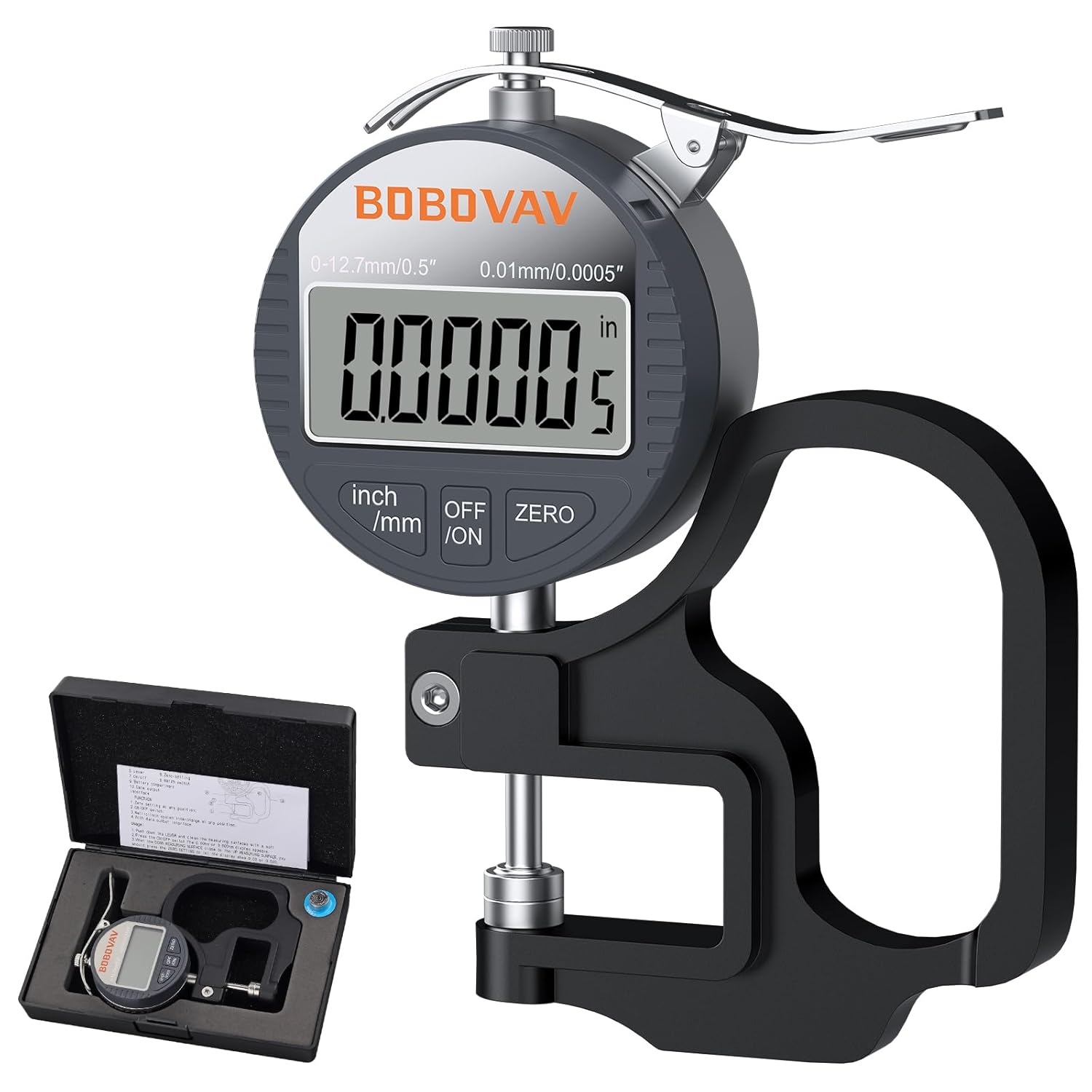 Digital Thickness Gauge 0.5 inch/12.7mm, 0.0005 inch/0.01mm Thickness Measuring Tool Meter with Inch/MM Conversion with Precise LCD Display, Suitable for Leather/Paper/Wire/Fabric/Film etc.