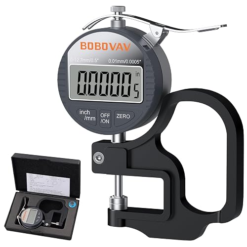 BOBOVAV Digital Thickness Gauge 0.5 inch/12.7mm, 0.0005 inch/0.01mm Thickness Measuring Tool Meter with Inch/MM Conversion with Precise LCD Display, Suitable for Leather/Paper/Wire/Fabric/Film etc.