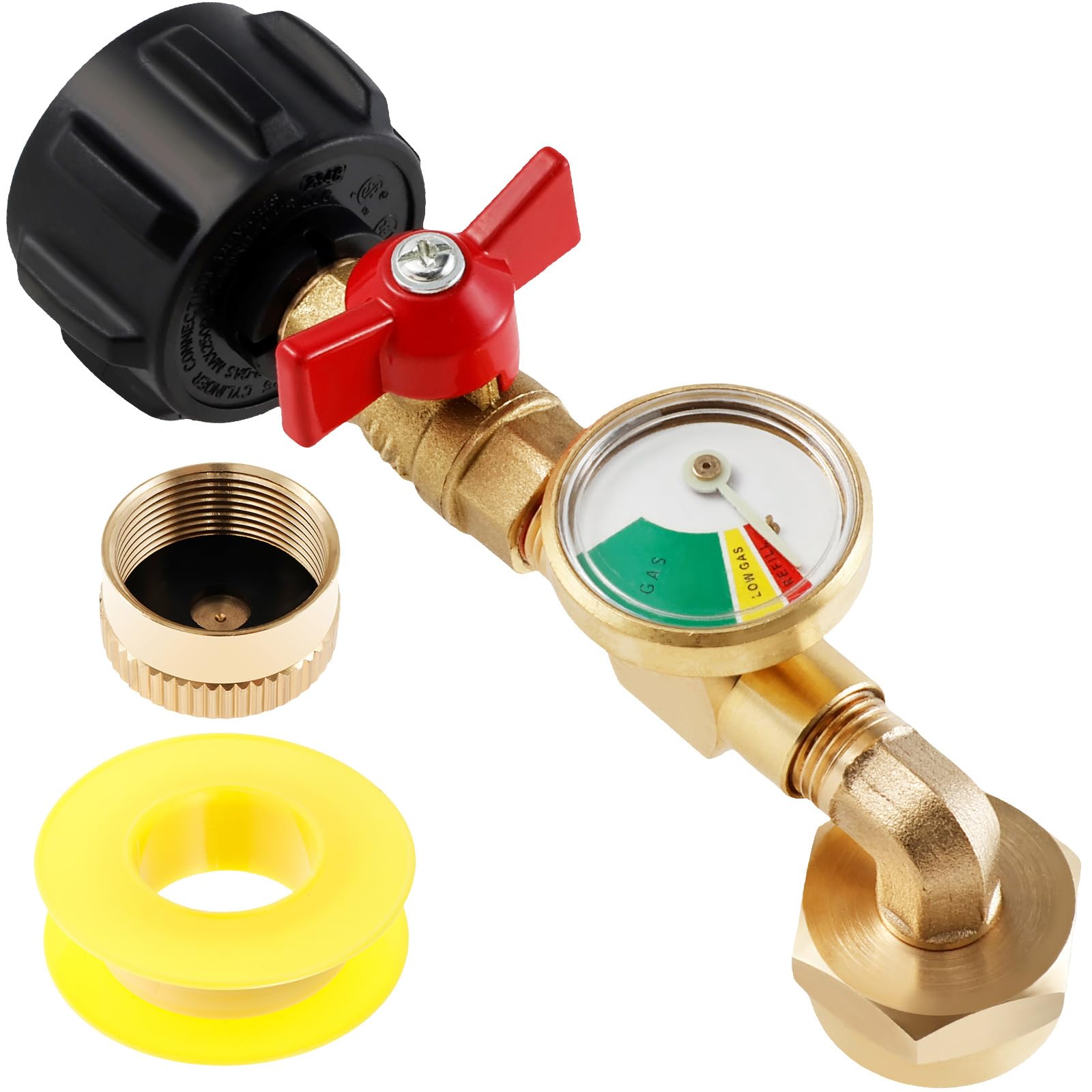 Propane Refill Adapter 20lb to 1lb Converter with Valve and Gauge, 90-Degree Elbow Brass Propane Regulator with ON-Off Control Valve QCC1 Connection 1 lb. Tanks Propane Bottles