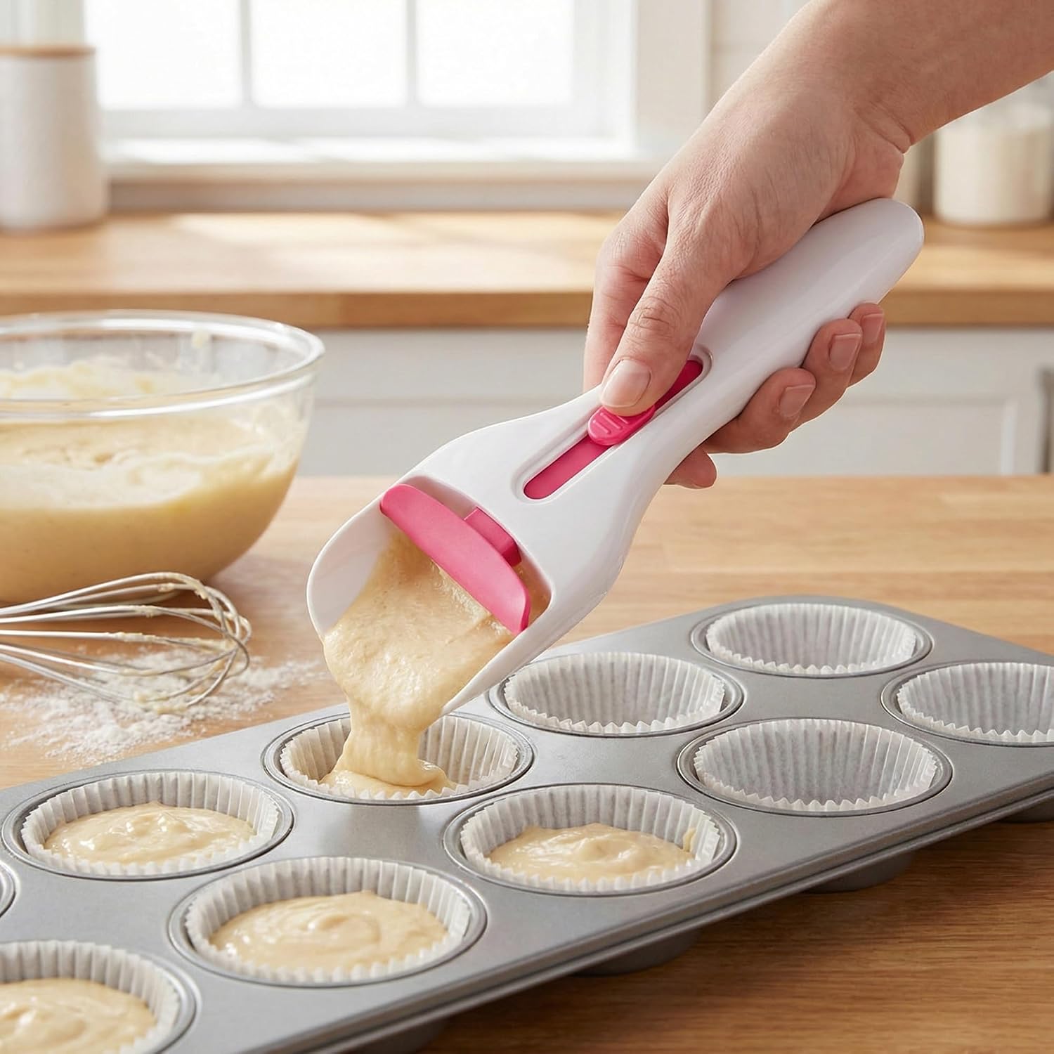 Cupcake Batter Scoop Dispenser with Small Nylon Cleaning Brush, One Button Portion Control Baking Spoon for Pancakes Cake Mix, ABS Handle 7.7 in Drip Free Kitchen Tool Set