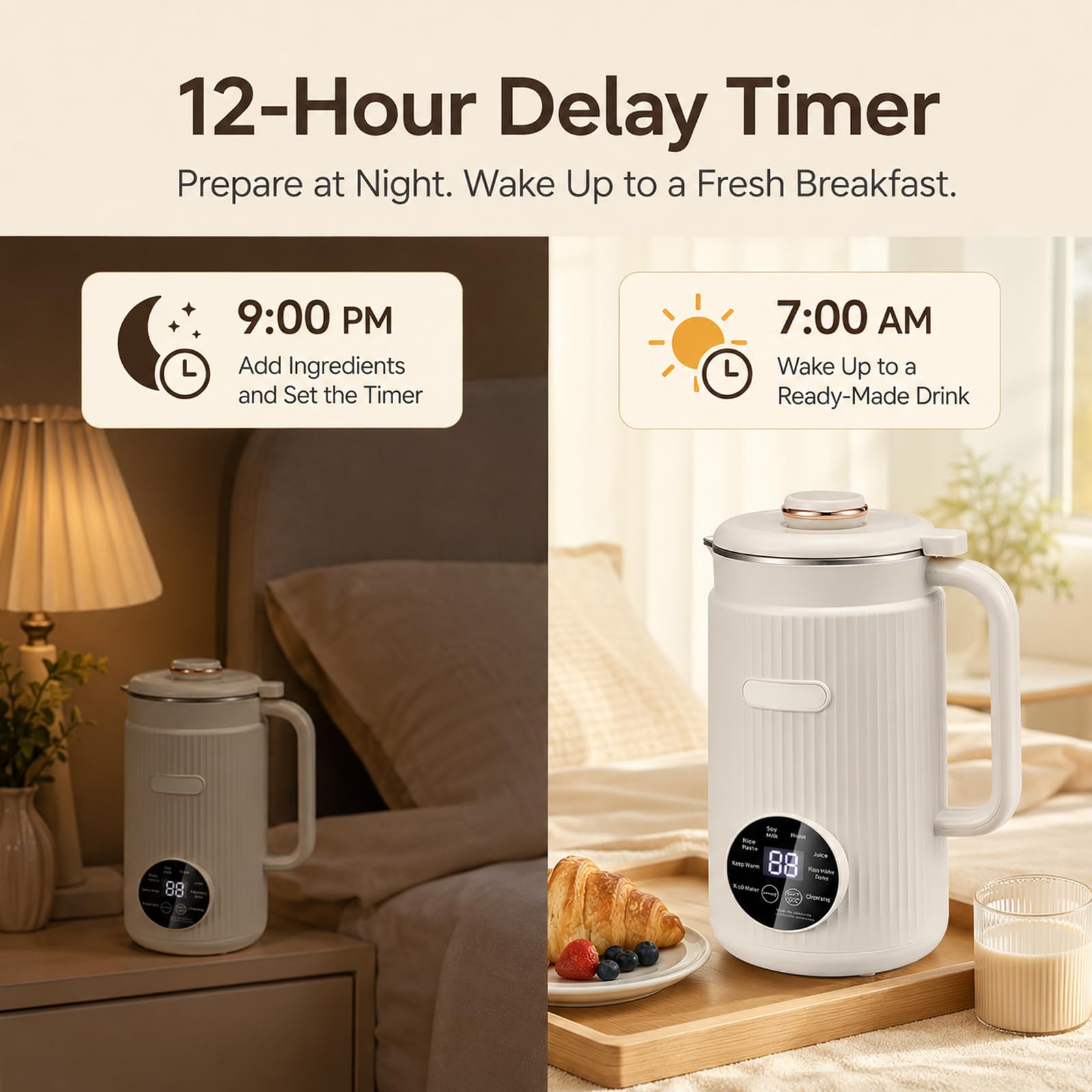 Macchina Automatica per Latte Vegetale 1,2 L, 9-in-1 con 10 Lame | Display Touch LED, Timer 12 Ore, Calore per 6 Ore e Autopulizia per Latte di Mandorla, Avena, Soia e Frutta Secca(white)
