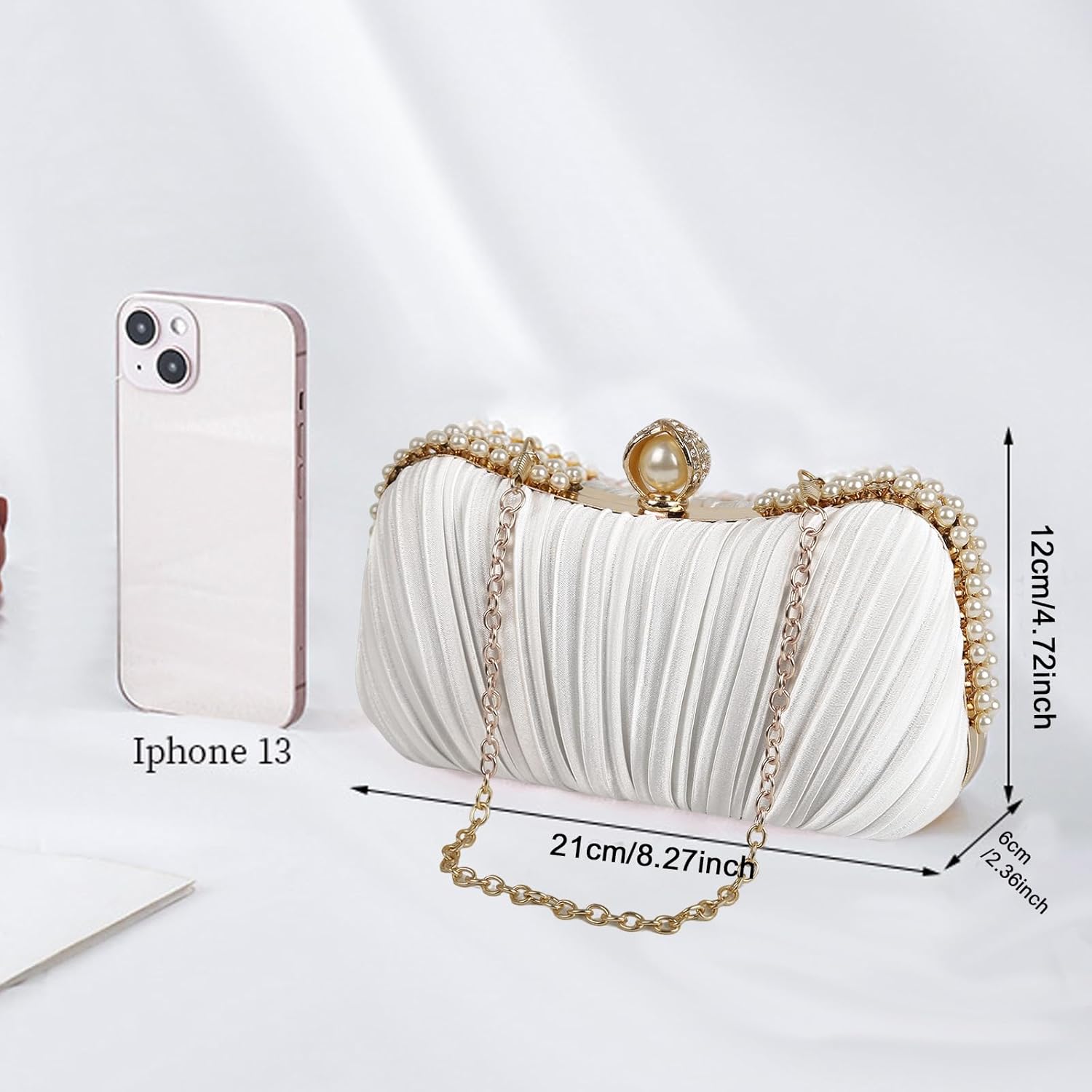 Womens Satin Pearl Ruched Clutch Purse Elegant Evening Bag Detachable Double Chain Wedding Party Prom Handbag