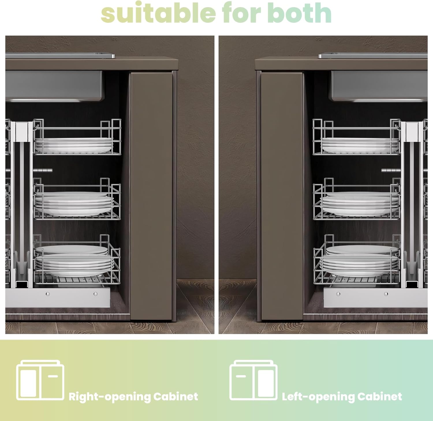 Kitchen Pull out Organizers 26.8" W 23.6" D, Left Open & Right Open Compatible, Slide Out, Blind Corner Kitchen/Bathroom Cabinets with Soft Close, Chrome Flatware Cabinets