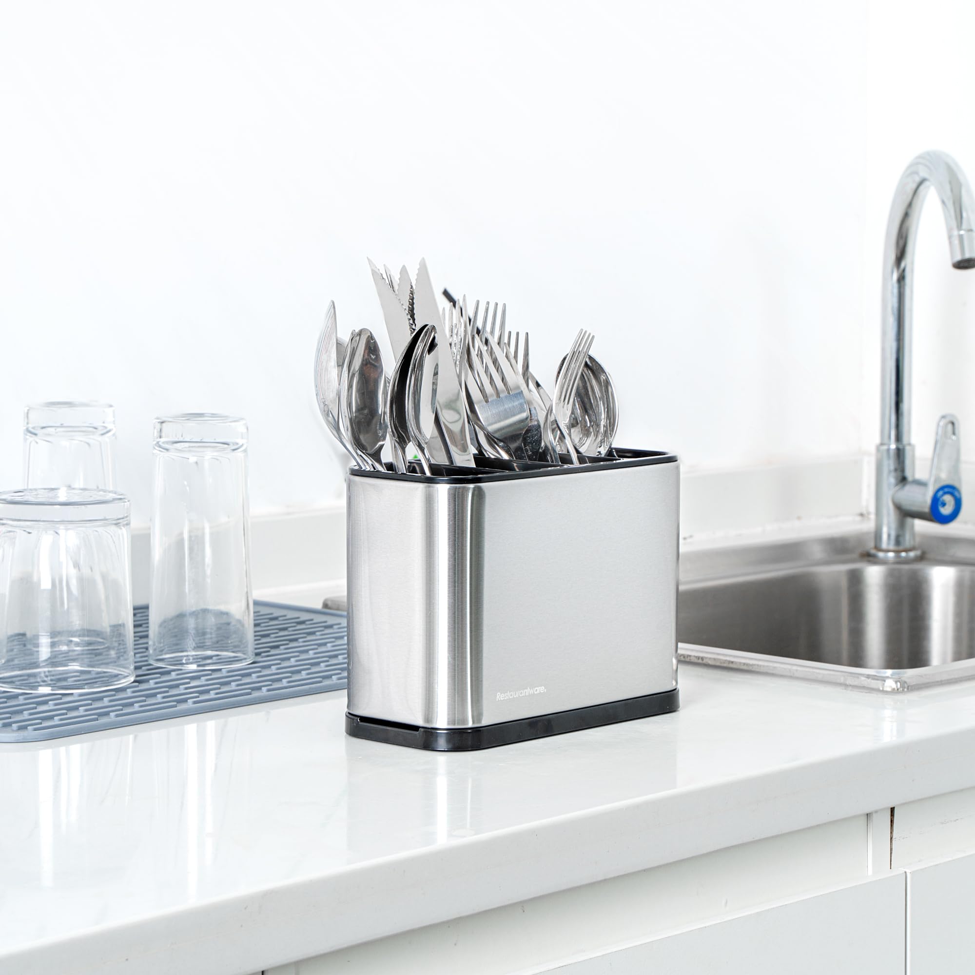 Restaurantware -Met Lux - Organizador de utensilios de 7.09 x 3.39 x 5.12 pulgadas, 1 organizador de utensilios con base pesada, 4 compartimentos, con bandeja de goteo, soporte para utensilios de