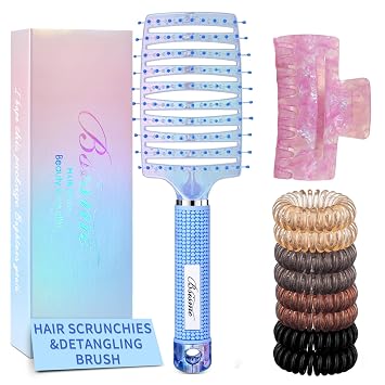 Hair Brush Kit with Scrunchies & Claw Clips for Women & Girls, Fast Blow Drying Detangler for Wet or Dry Curly Thick Straight Hair, Daily Styling Essentials