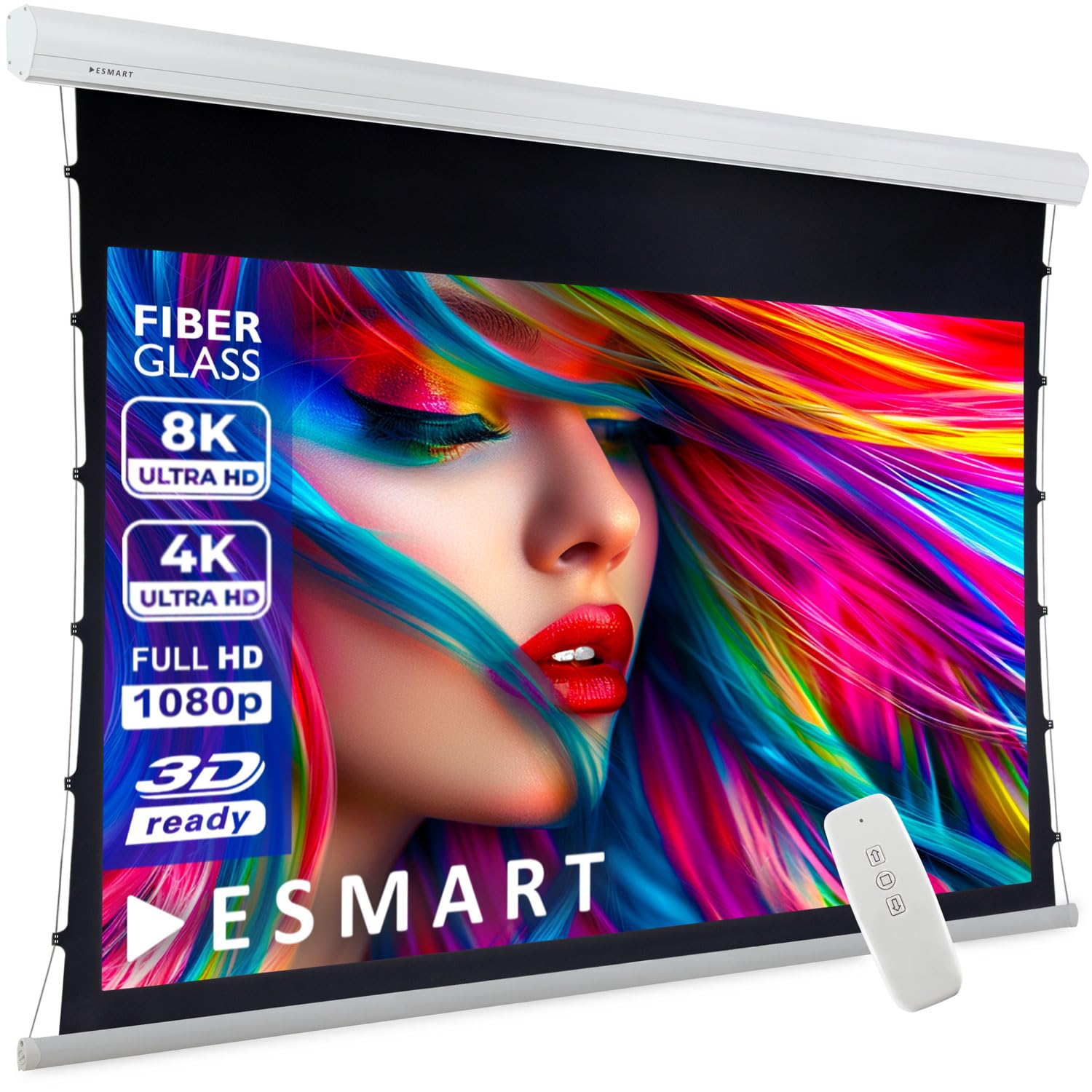 ESMART Expert XTR Pantalla tensada, Ancho Total 261 cm, Tela: acústica | Área de proyección 221 × 125 cm, formato 16:9, tela acústica transparente para altavoces ocultos, mando a distancia