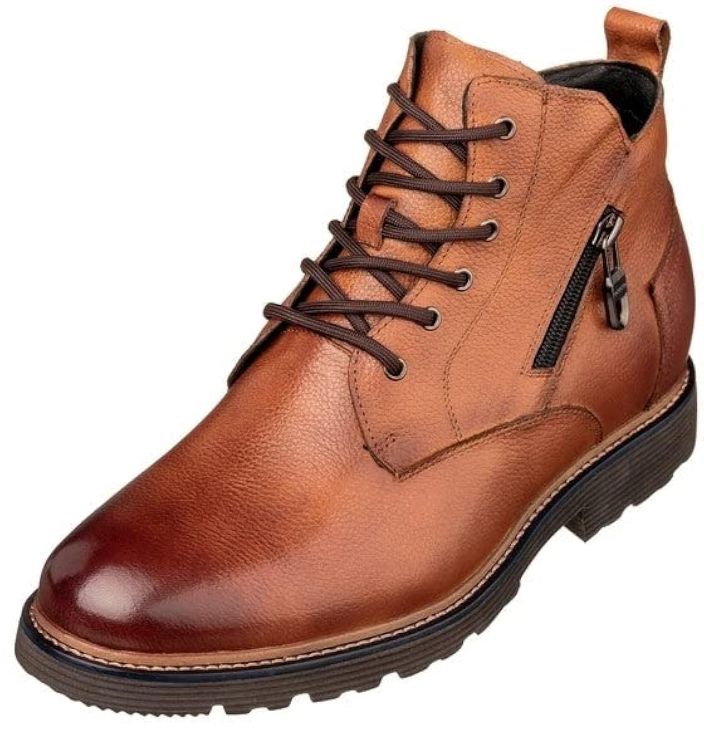 CALTO Men's Invisible Height Increasing Elevator Shoes - Brown Premium Leather Lace-up Cap-Toe Dress Casual Boots - 2.8 Inches Taller - Y42072 - Size