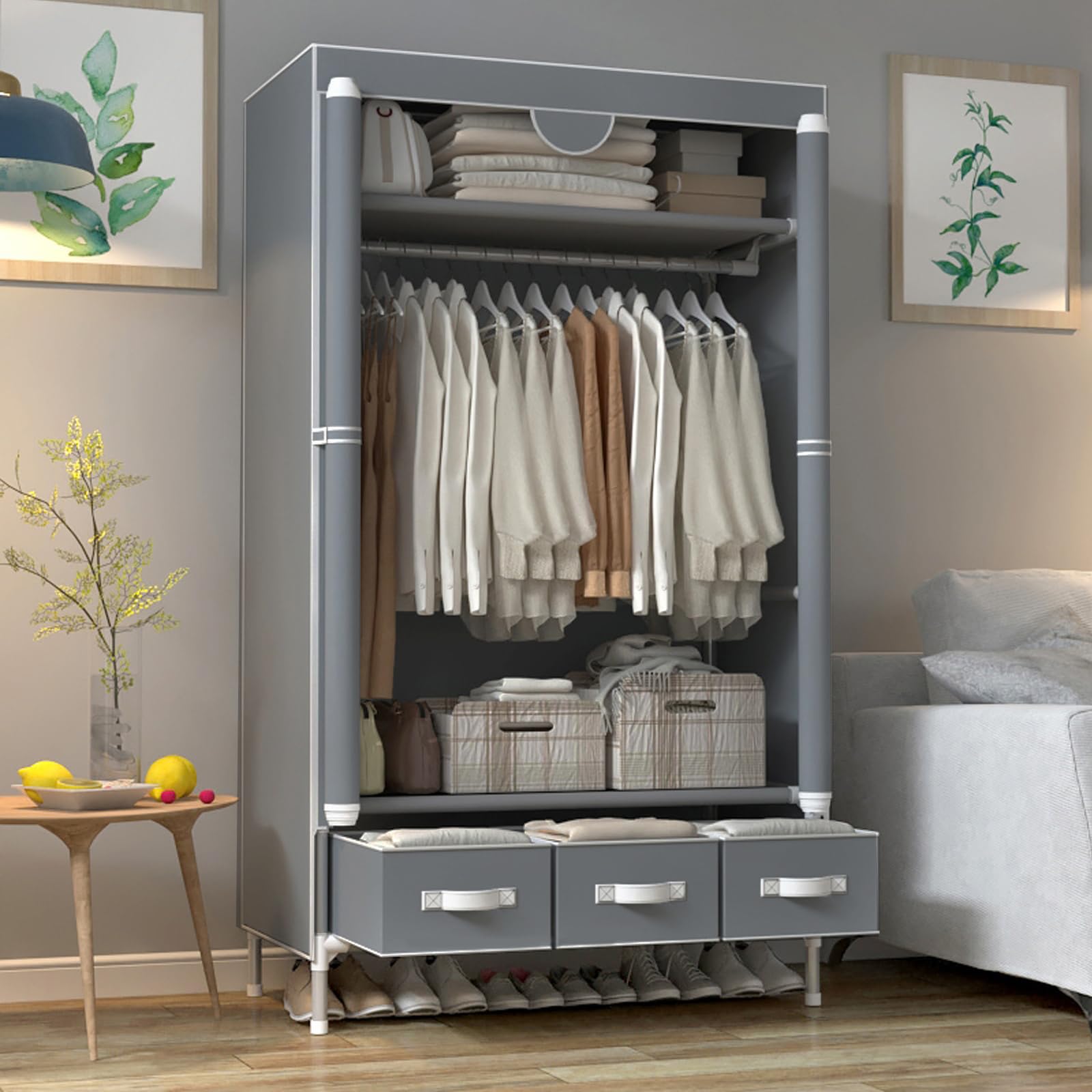 Armoire portable en toile avec 3 tiroirs Gris 90 x 45 x 170 cm