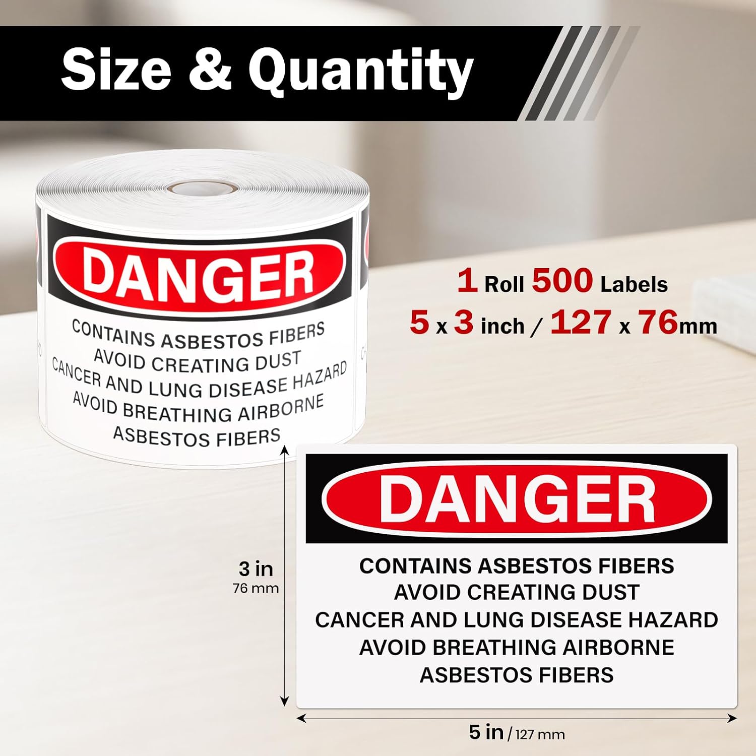 500 Pack Contains Asbestos Fibers Labels 5" x 3" Waterproof Vinyl image 2