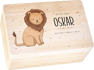 Muckelmeister Erinnerungsbox Baby Personalisiert - 30x20x14cm - UV-Druck - Individuelle Baby Aufbewahrungsbox - tolle Erinnerungskiste aus Holz - Taufgeschenk - Geschenke zur Geburt - Löwe