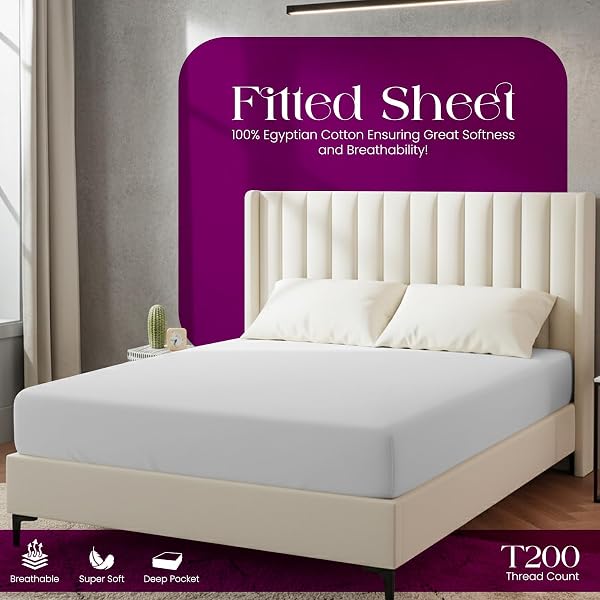 Linens World Egyptian Cotton Fitted Sheets King Size Breathable, Anti Wrinkle 30cm Deep Pocket 200 Thread Count Bed Sheets Bedding & Linen 152 X 200-CM White Bedding King Size Fitted Sheets - 2