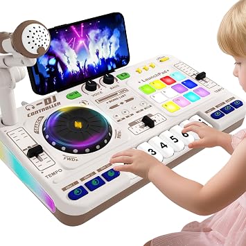 مجموعة ألعاب وحدة تحكم لوحة خلاط DJ للأطفال مع قرص دوار ومفاتيح بيانو وميكروفون وبلوتوث - لعبة آلة موسيقية للأطفال الصغار 3 4 5 6 7 8 سنوات للأولاد والبنات - عيد ميلاد أبيض