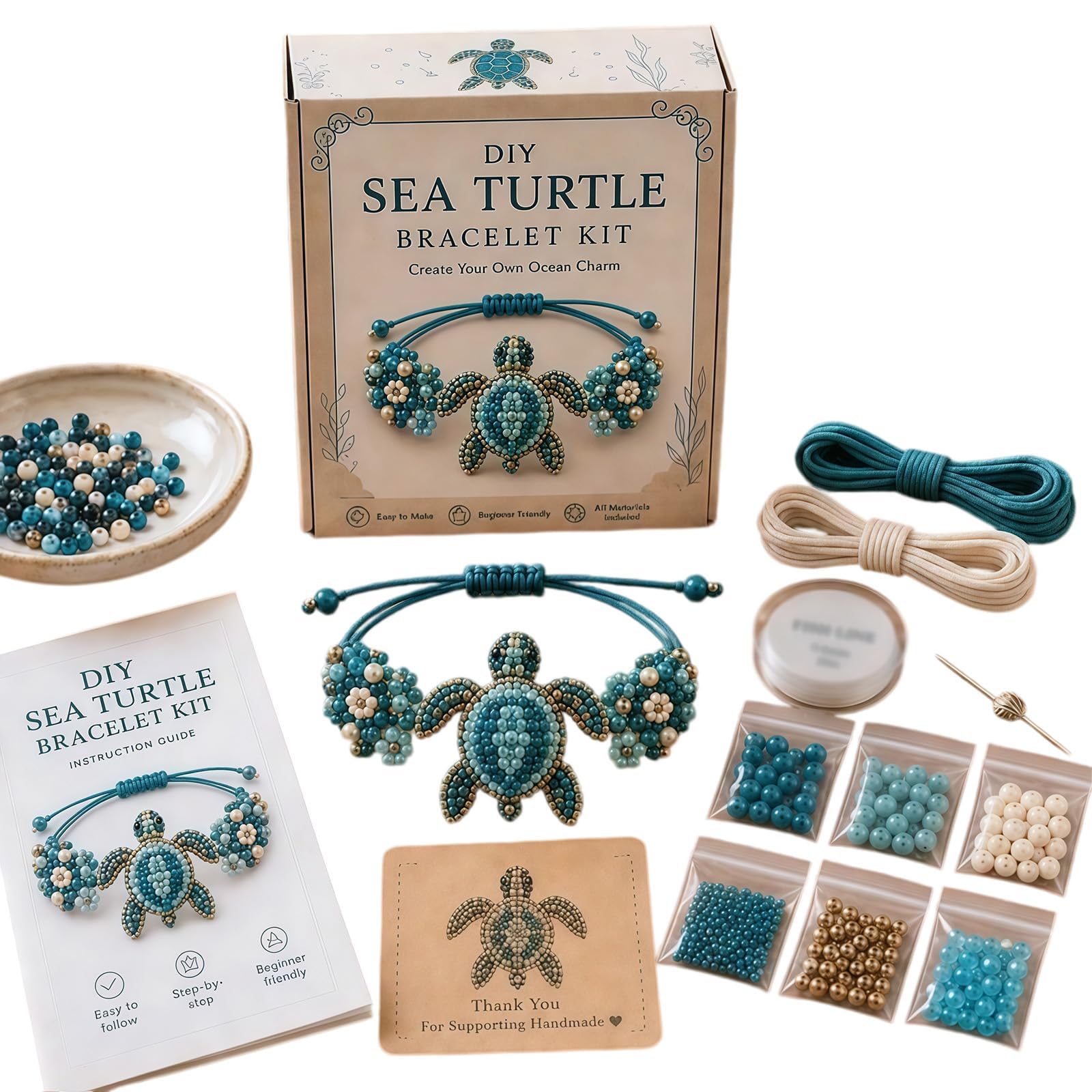 3D Animal Beaded Bracelet Making Kit, DIY Handmade Jewelry Craft Set, Beginner Friendly Art Supplies, Creative Ornament Gift for Adult Craft Enthusiasts (Sea Turtle, Count, 1, 1)