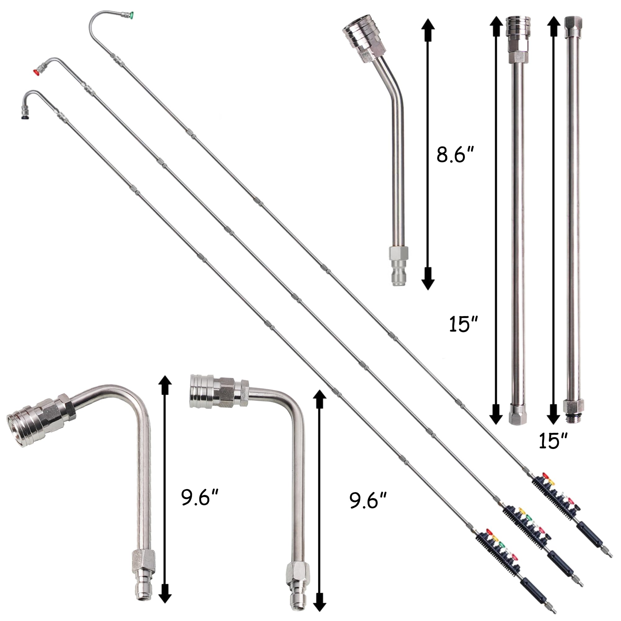 Hourleey Paquete de 9 varillas de extensión para lavadora a presión con 6 puntas de boquilla, varilla curvada de 30°, 90°, 120°, conexión rápida de 0.25 pulgadas, 4000 PSI