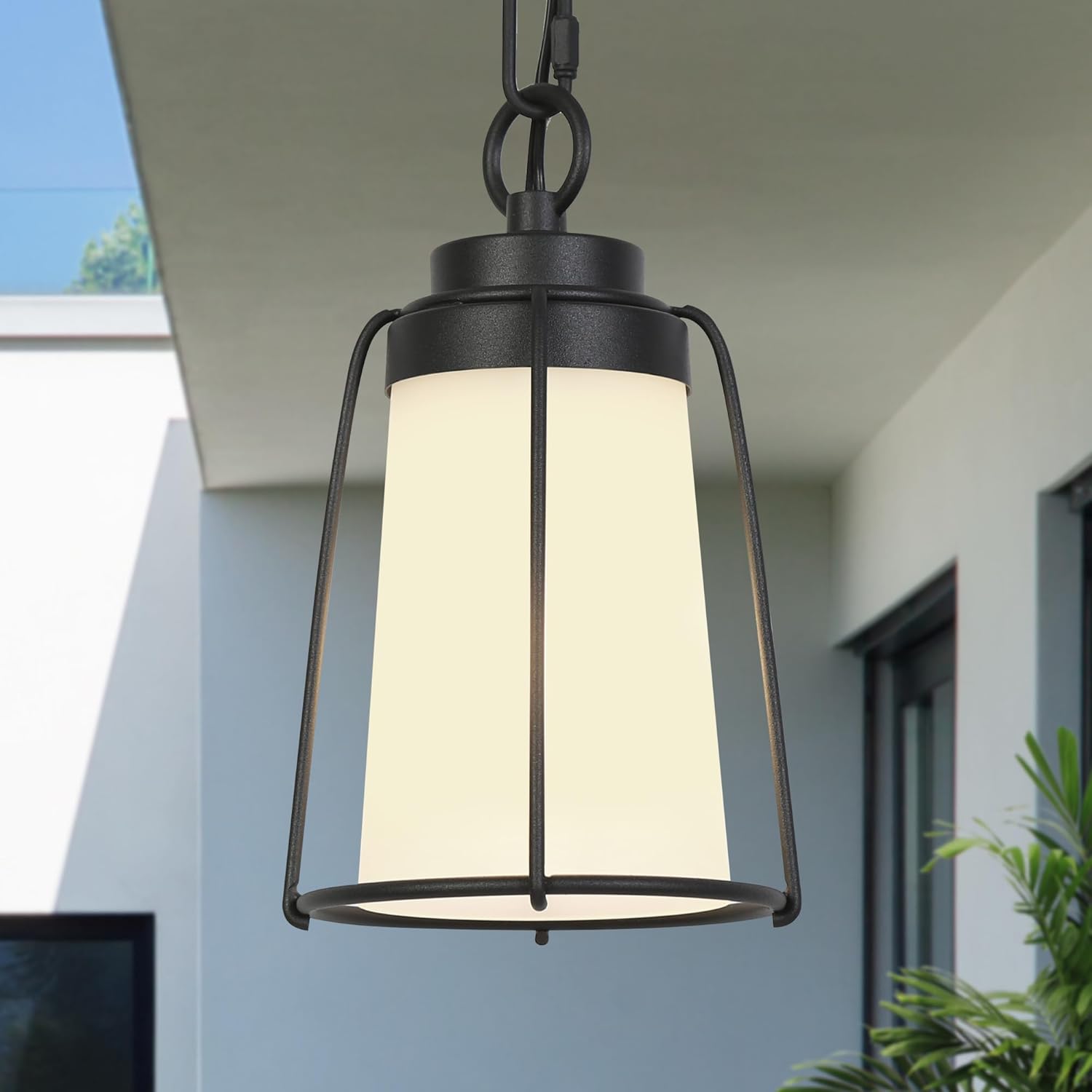 Outdoor Pendant Lights, Black Exterior Hanging Pendant Light with Frosted Glass Farmhouse Anti-Rust Outdoor Porch Lights for Entryway, Doorway, Garden