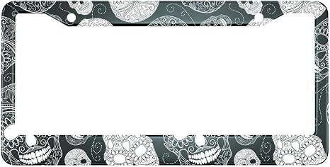 HOSNYE Black and White Sugar Skull License Plate Frame Day of the Dead Cartoon Indian Style Metal License Plate Cover Front Plates Frames Car Tag Frame for Women Men US Vehicles Standard