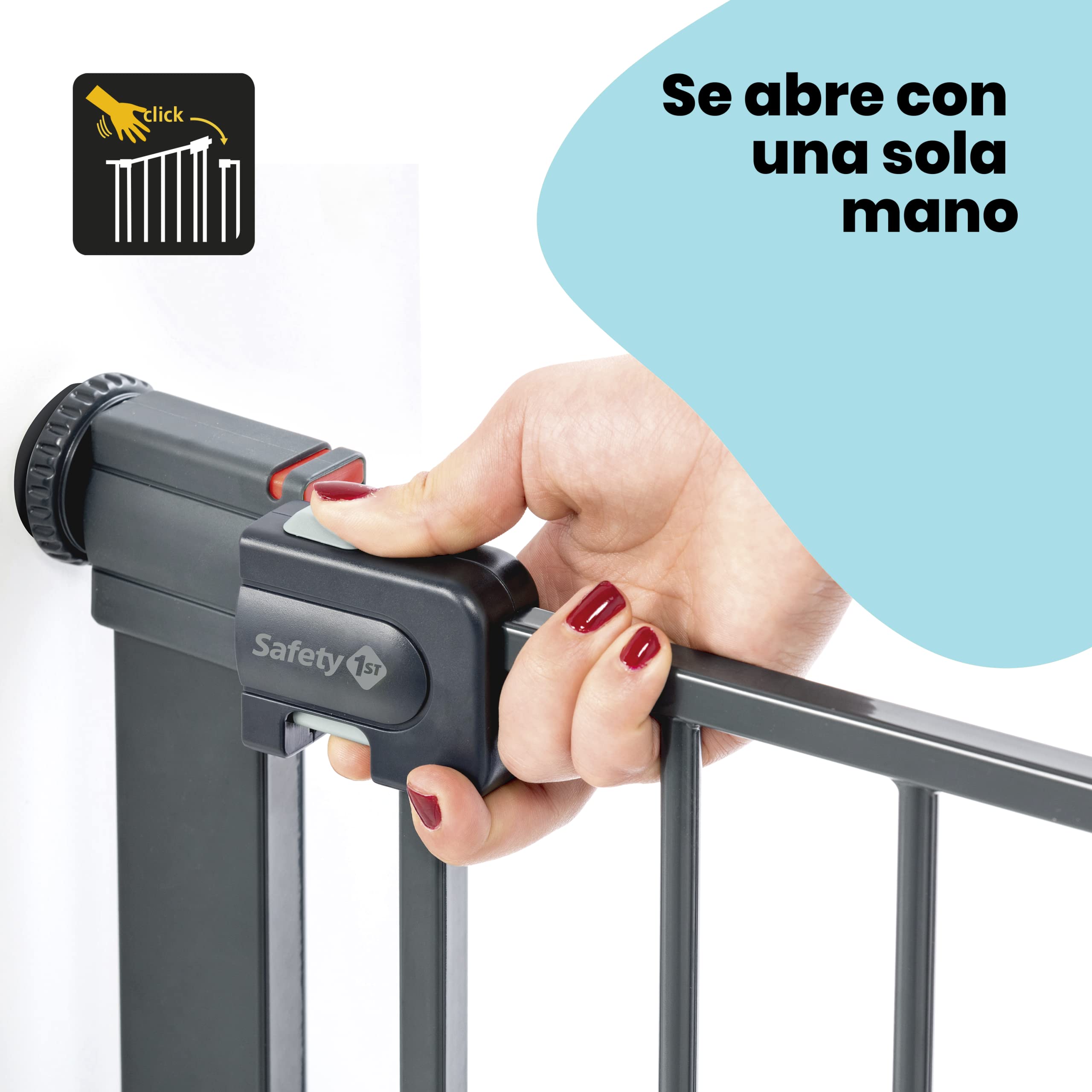 Safety 1st Easy Close Metal, Barrera Seguridad Niños Escalera Presión, 73–80cm (máx. 108cm), Valla Seguridad Infantil Fácil Cierre, Abre 1 Mano, Sin Tornillos (Sin Taladros), Doble Bloqueo, Negra