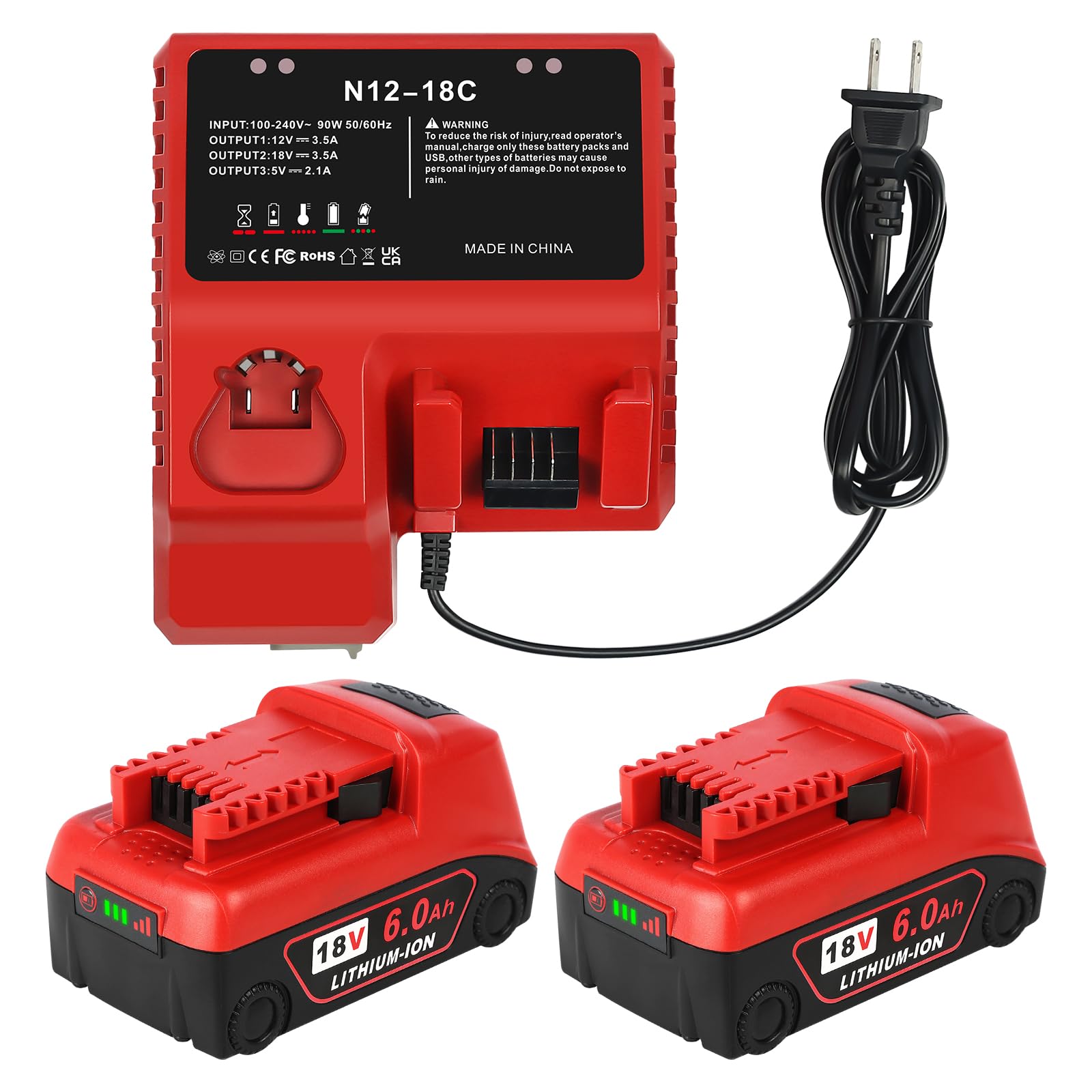 2Pack Replacement for Milwaukee M18 Battery and Charger Kit  Compatible with Milwaukee 18V Battery Cordless Power Tools 48-11-1852  48-11-1850