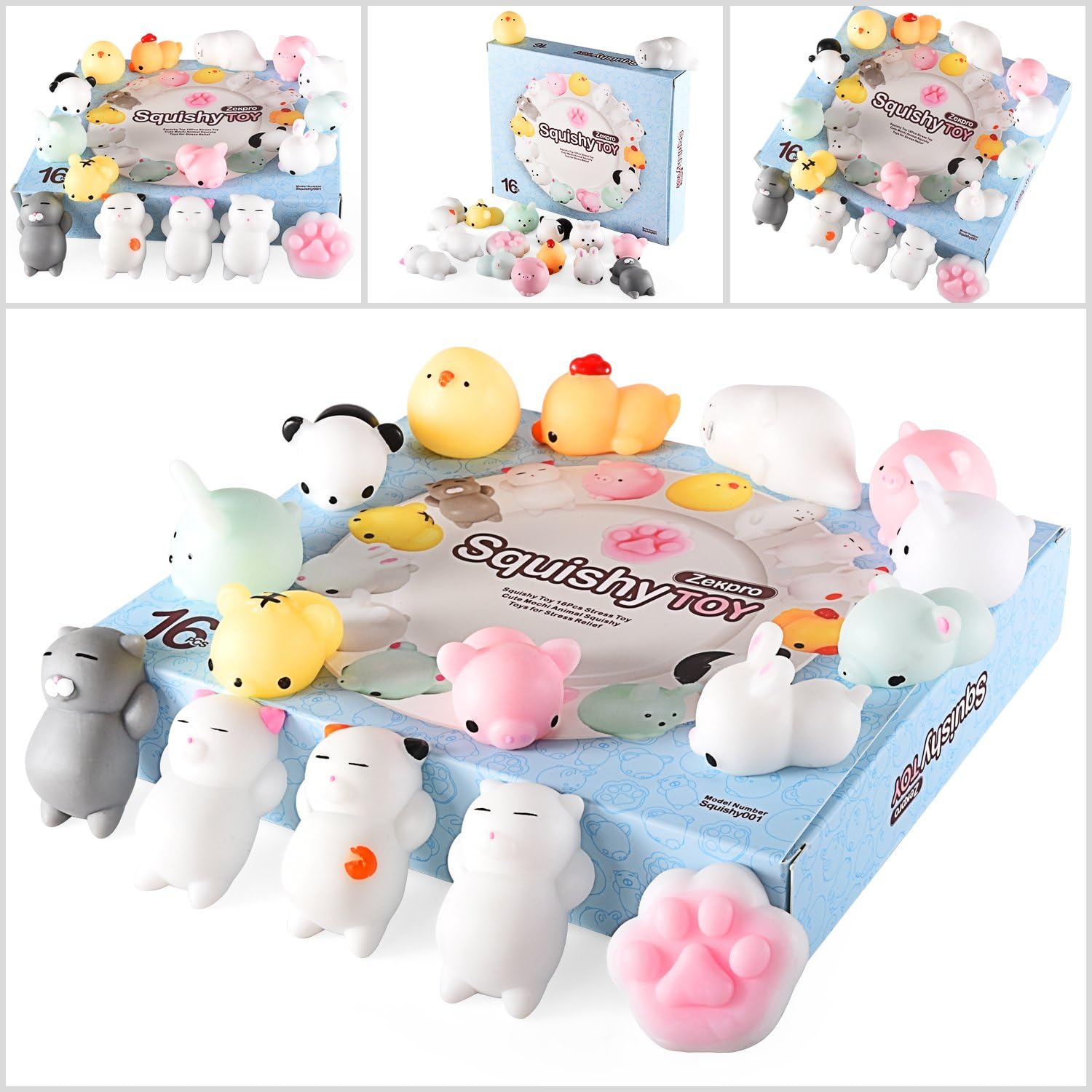 Zekpro Kawaii Squishy Toys (16-Pack) Cute Animal Slow Rising Squishies | Cats, Panda Bear, Pigs, Rabbits | Fun, Colorful, Non-Toxic Silicone | Girls, Boys, and Teens