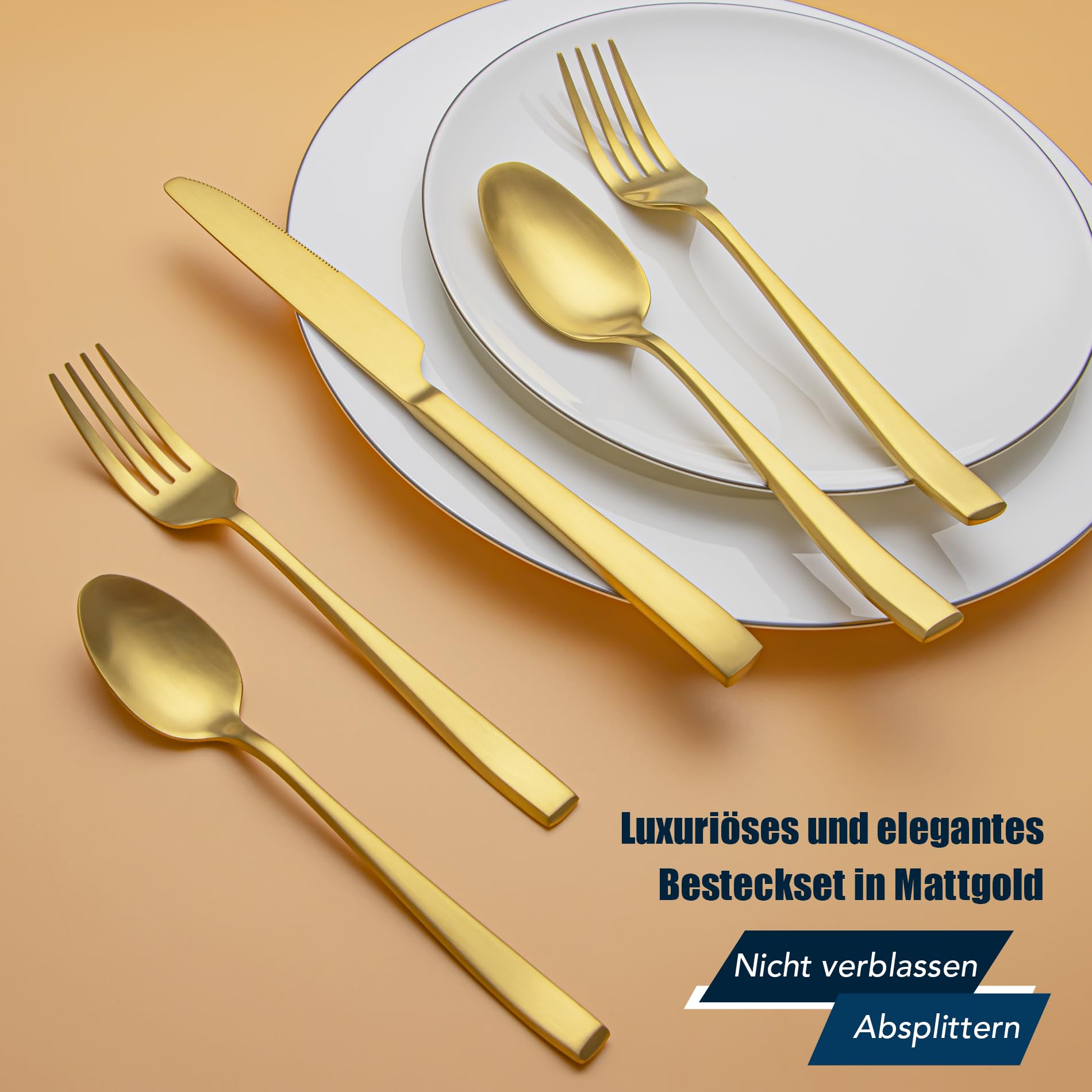 Cubiertos dorados mate, EIUBUIE cuberterias completas 6 personas, 30 piezas | mate cepillado, mangos únicos, equilibrado, cuberteria acero inoxidable, cuchillo cuchara tenedor, dorada juego de cubiertos