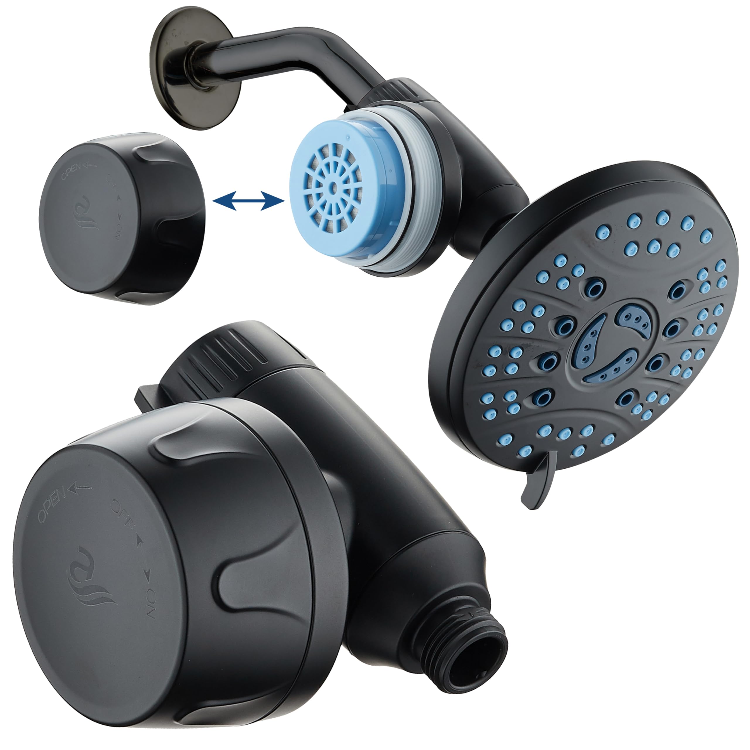 AquaCare Skin & Hair - World's Most Advanced Shower Filter for Fixed or Handheld Shower Heads with ON/OFF Filtration Modes, Instant Cartridge Reload & Stay-Clean Enriched KDF Cartridge/Matte Black