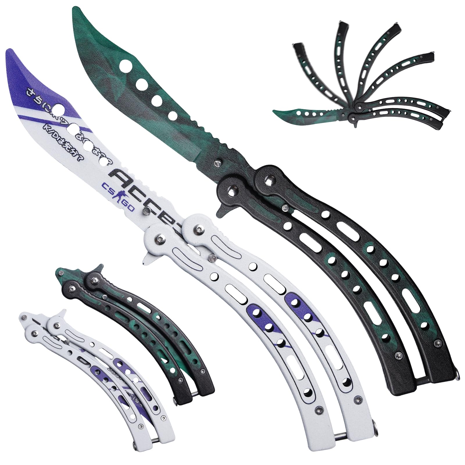 2 Stück CSGO Butterfly Trainer: Butterfly Messer zum Üben Ungeschärfte Klinge, Butterfly Kamm Edelstahl für Trainingsmesser AnfäNger-Der Flipping Tricks üBt (Weiß + Schwarz)
