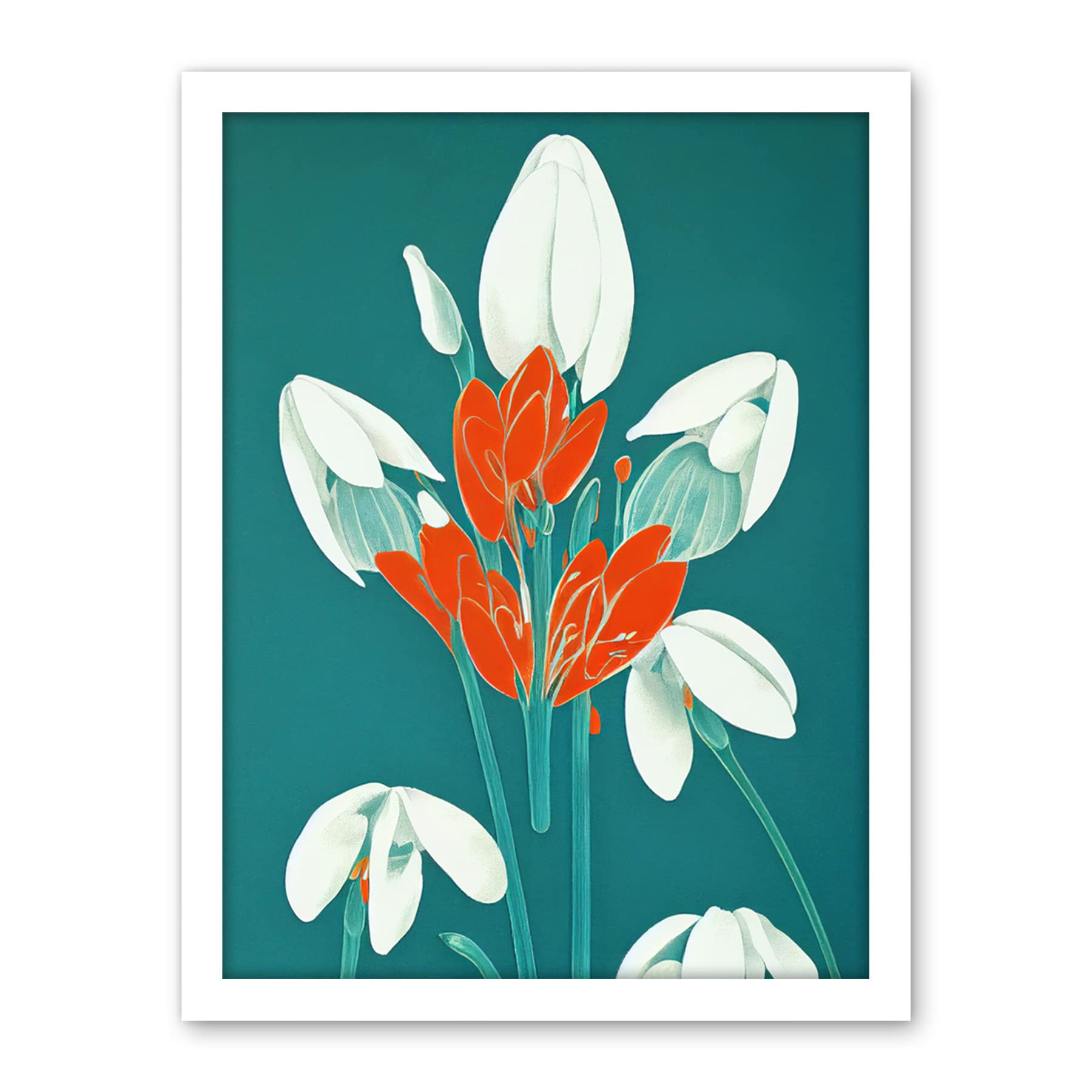 Wee Blue Coo Abstract Snowdrops Red Flowers on Teal Retro Mid Century Style Artwork Framed Wall Art Print 18X24 Inch