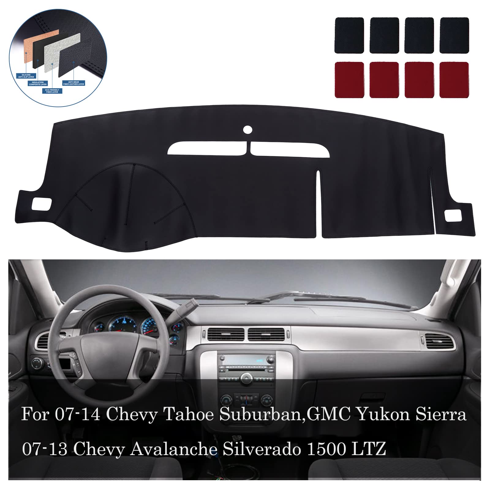 bdfhyk dashboard dash cover pu dash mat compatible with 2007-2014 tahoe suburban, yukon sierra and 2007-2013 avalanche silverado 1500 ltz