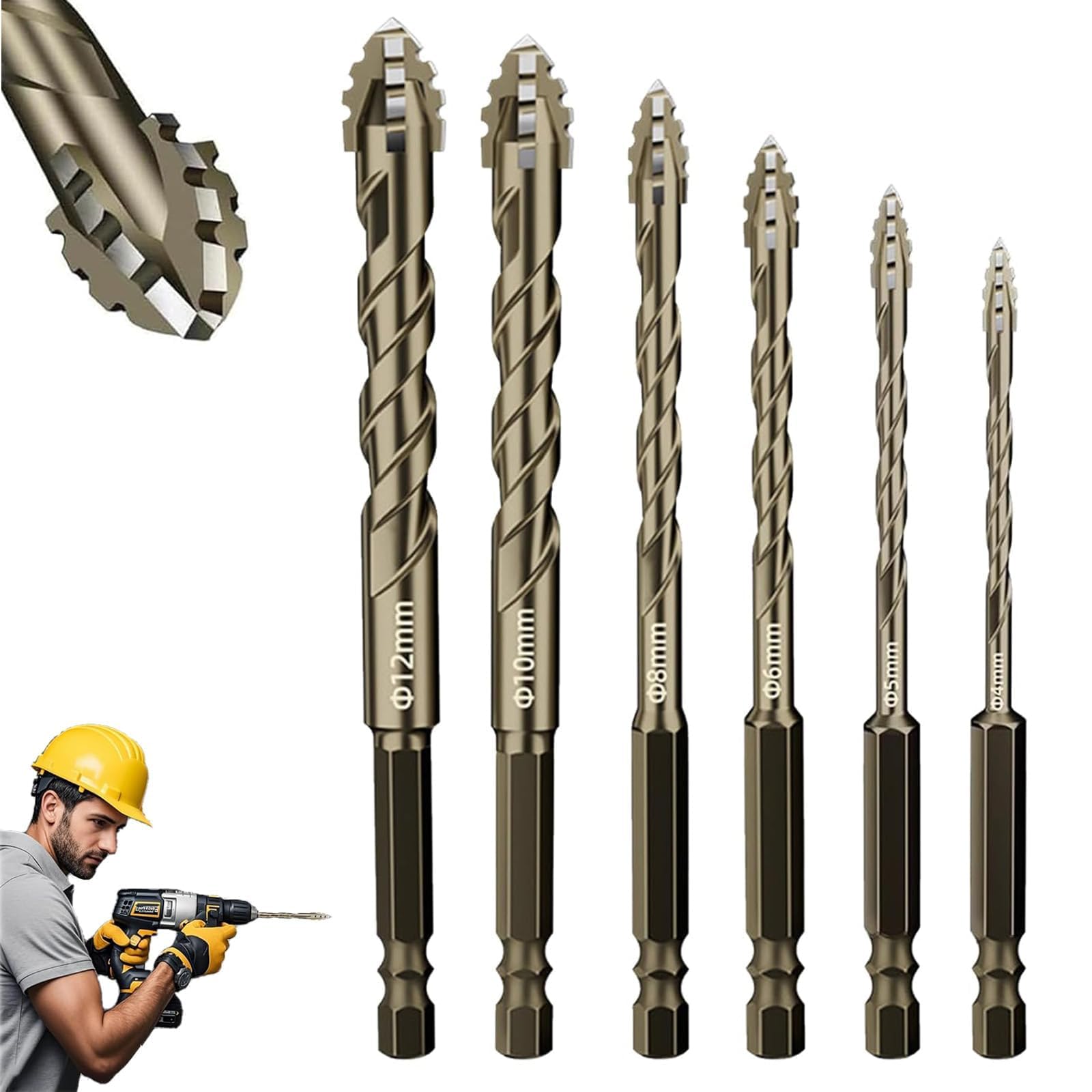 Masonry Drill Bits for Brick Walls,4 Blade Eccentric Concrete Drill Bit for Concrete Glass Cement Tile,Carbide Drill Bit Masonry Drill Bits Set (Set of 6)
