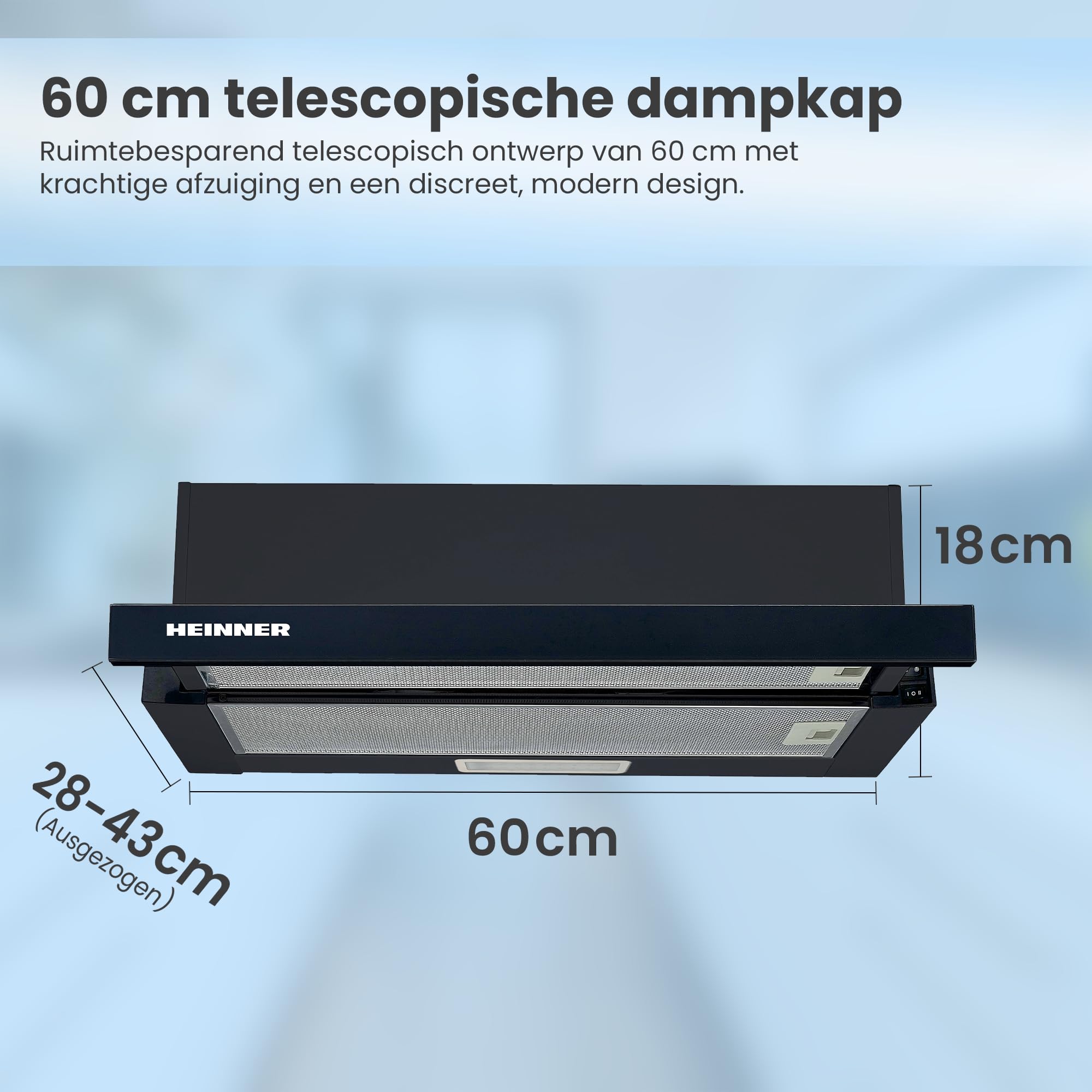 HTCH-440GBK Einbauherd | Teleskop | 60 cm Dunstabzugshaube | 329,6 m³/h Absaugleistung | LED-Beleuchtung | 2 Geschwindigkeitsstufen | Schwarz | 5 Jahre Garantie