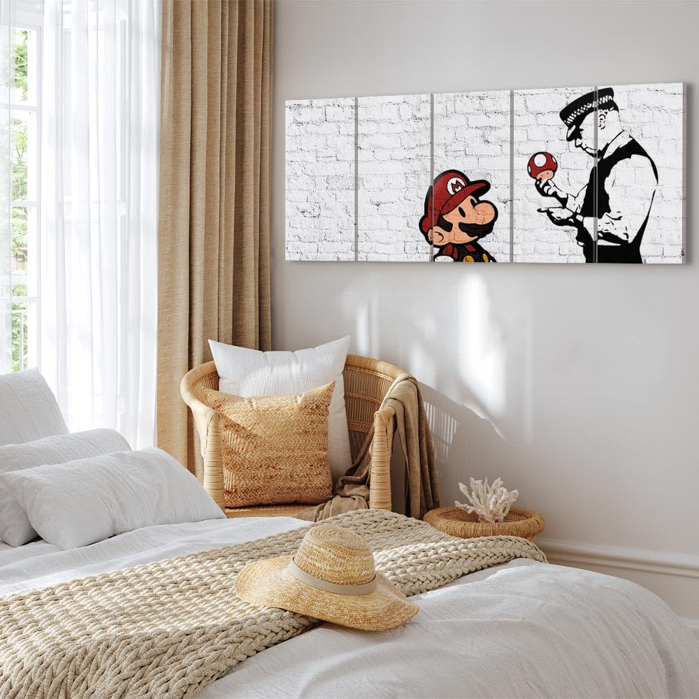 murando Cuadro en Lienzo Banksy Mario 225x90 cm Impresión de 5 Piezas Material Tejido no Tejido Impresión Artística Imagen Gráfica Decoracion de Pared Street Art Urban Mural i-C-0112-b-m