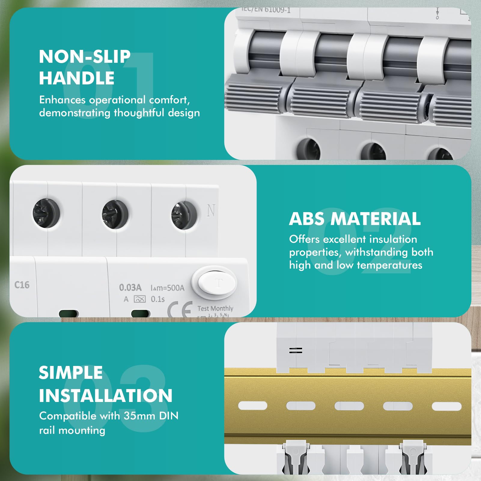 Disjoncteur différentiel 30mA 16A 3P+N type A interrupteur différentiel RCBO 6KA MCB disjoncteurs de courant résiduel AC400V Protection contre les surcharges et les courts circuits GYR9NM