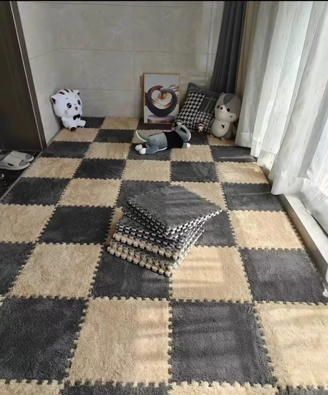 20pcs Plush Puzzle Anti-Slip Foam Floor Mat Tiles with Border, 11.8x11.8in Soft Area Rug Playmat for Room(Grey+Camel)