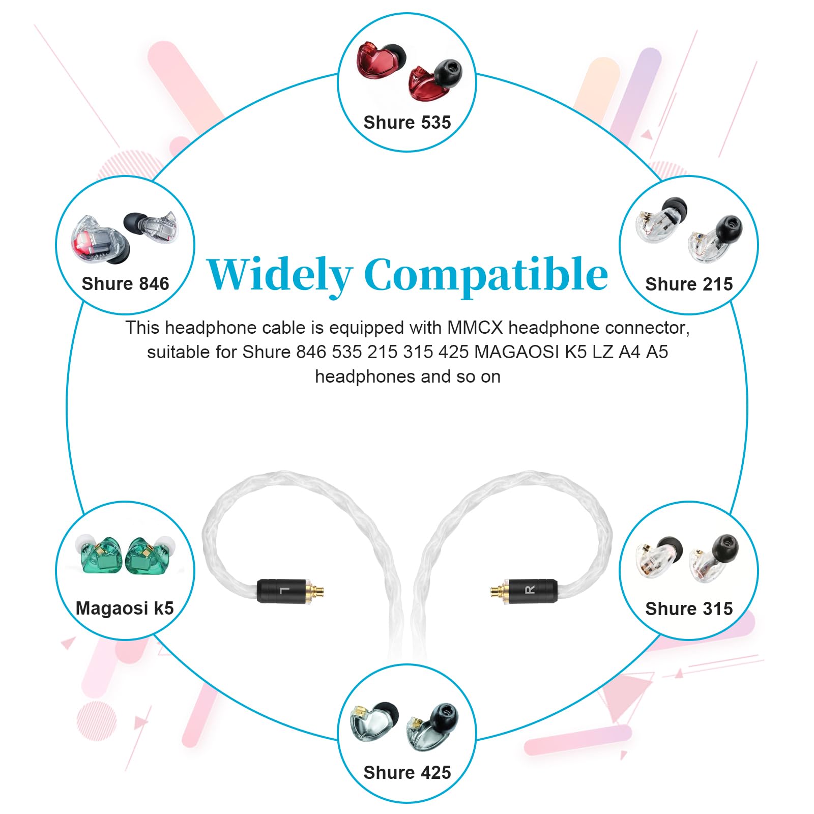 SE425 Cable MMCX Audio Cord Compatible with UE900, Shure SE215 SE315 SE846 SE535 KSE1500, JVC HA-FX1100 HA-FX1000 HA-FX850 Eerphones-Added 2.5/3.5/4.4mm Detachable Adapters