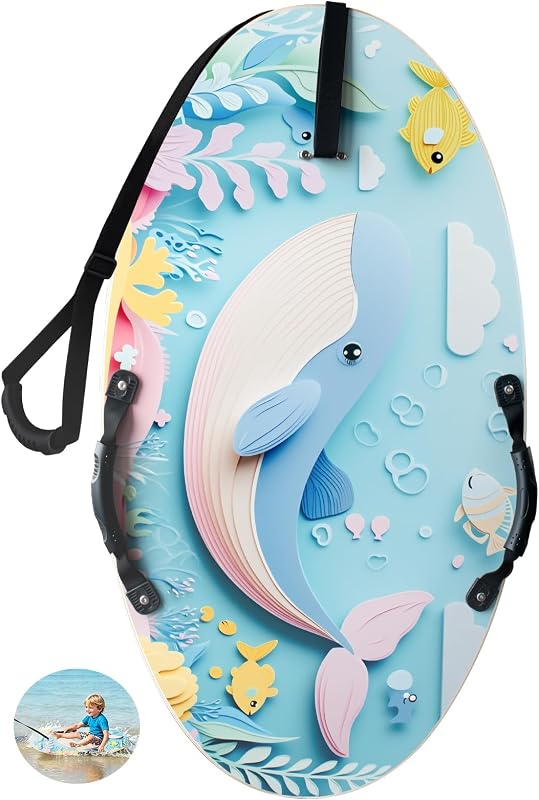 Skimboard with Handles Tow Rope,Wooden Skim Boards Beach Toy for Kids,Towable Kids Board for Shallow Water,Beach and Lawn Use