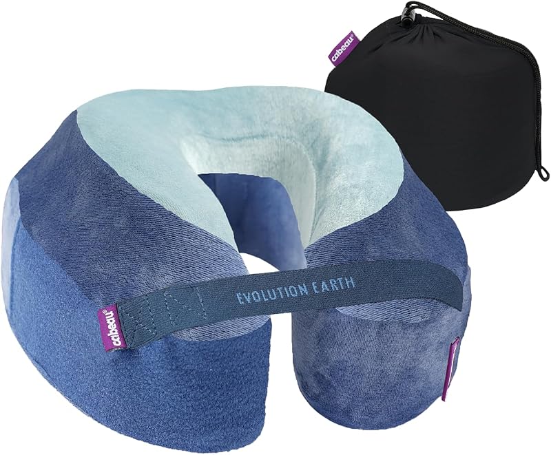 Cabeau Almohada para el cuello más suave para viajar - Evolution Earth Deluxe - Soporte de cabeza, cuello y barbilla de 360° para dormir - Espuma viscoelástica sostenible - Tela suave y mantecosa con estuche de transporte compacto (Agua)