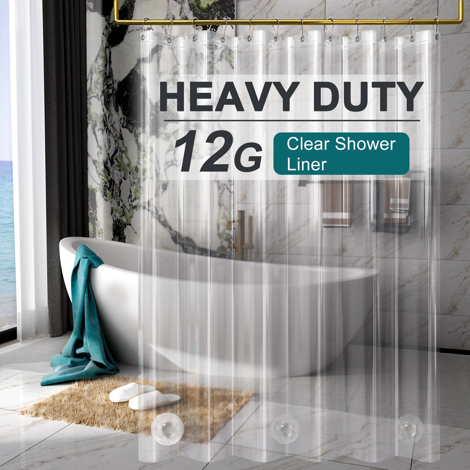 Heavy Duty Shower Curtain Liner 12 Gauge, 72 x 84 Inches Clear Shower Curtain Liner with 3 Clear Stones and 12 Grommet Holes, Weighted Plastic Shower Liner