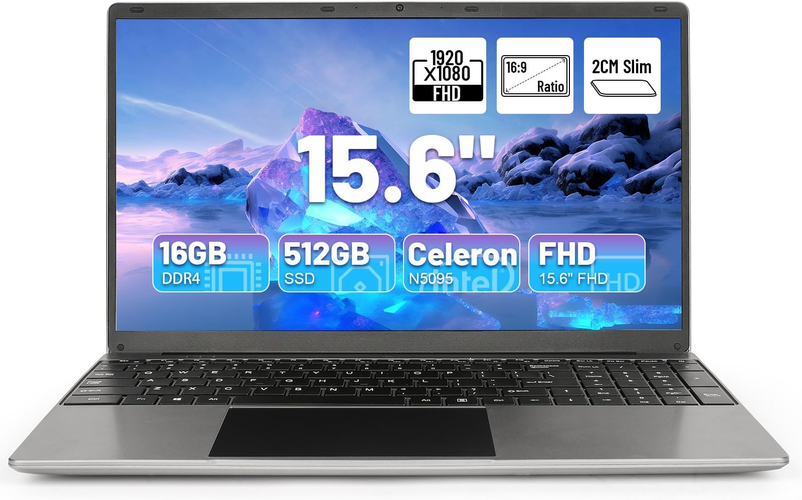 kotsren 15.6'' Laptop Computer, 16GB RAM 512GB ROM Celeron N5095 Quad-Core Processors, 1920 * 1080 IPS FHD, WiFi, Bluetooth, Mini HDMI, TF Card, USB 3.0