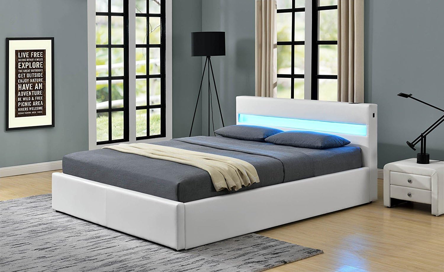 Romero LED Music Bed with Bluetooth - Speakers - Ottoman Gas Lift Storage - Faux Leather - Remote Control LEDs (Single 3ft, White)