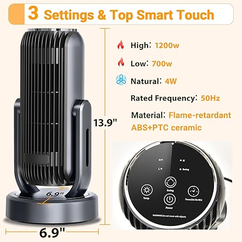 Miniatura 3 de Nauttxon Calentador de espacio oscilante con temporizador, 3 niveles de calor, calentador de espacio de 14 pulgadas, portátil para interiores, 1200