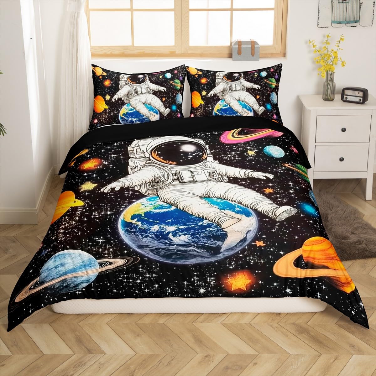 Poszewka na kołdrę z motywem galaktyki King dla dzieci, nastolatków, dorosłych, kreskówkowe planety, astronauta, zestaw pościeli z kosmosem, gwiazdki poszewka na kołdrę z 2 poszewkami na poduszki