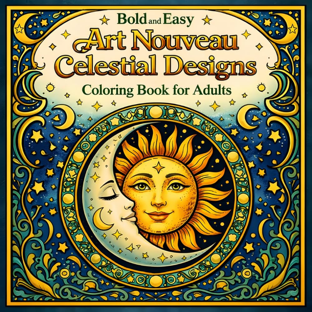 Bold and Easy Art Nouveau Celestial Designs: Coloring Book for Adults with Sun, Moon, Zodiac and Mystical Patterns (Bold and Easy Art Nouveau Coloring Books for Adults)