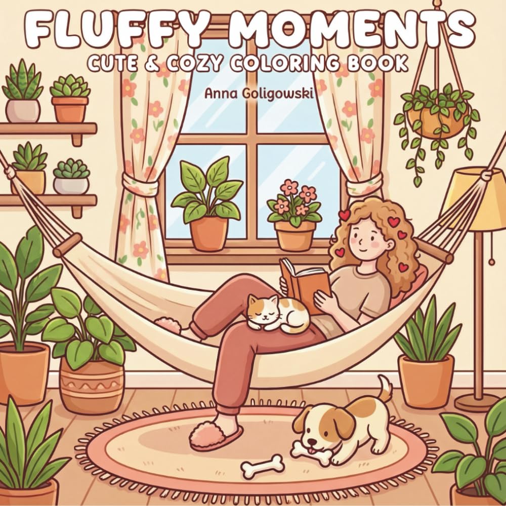 Fluffy Moments Cute and Cozy Coloring Book: Adorable Hygge Home Illustrations with Relaxing Interior Scenes, Kawaii Pets, Plants, and Comfy Spaces for Stress Relief and Relaxation