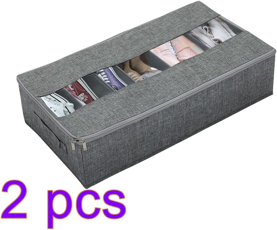 Under Bed Shoe Storage Organizer Set of 2, Foldable Fabric Shoes Container with Clear Cover and 2 Handles, Six-grid Shoe Box Shoes Organizer, Washable Storage Box for Home