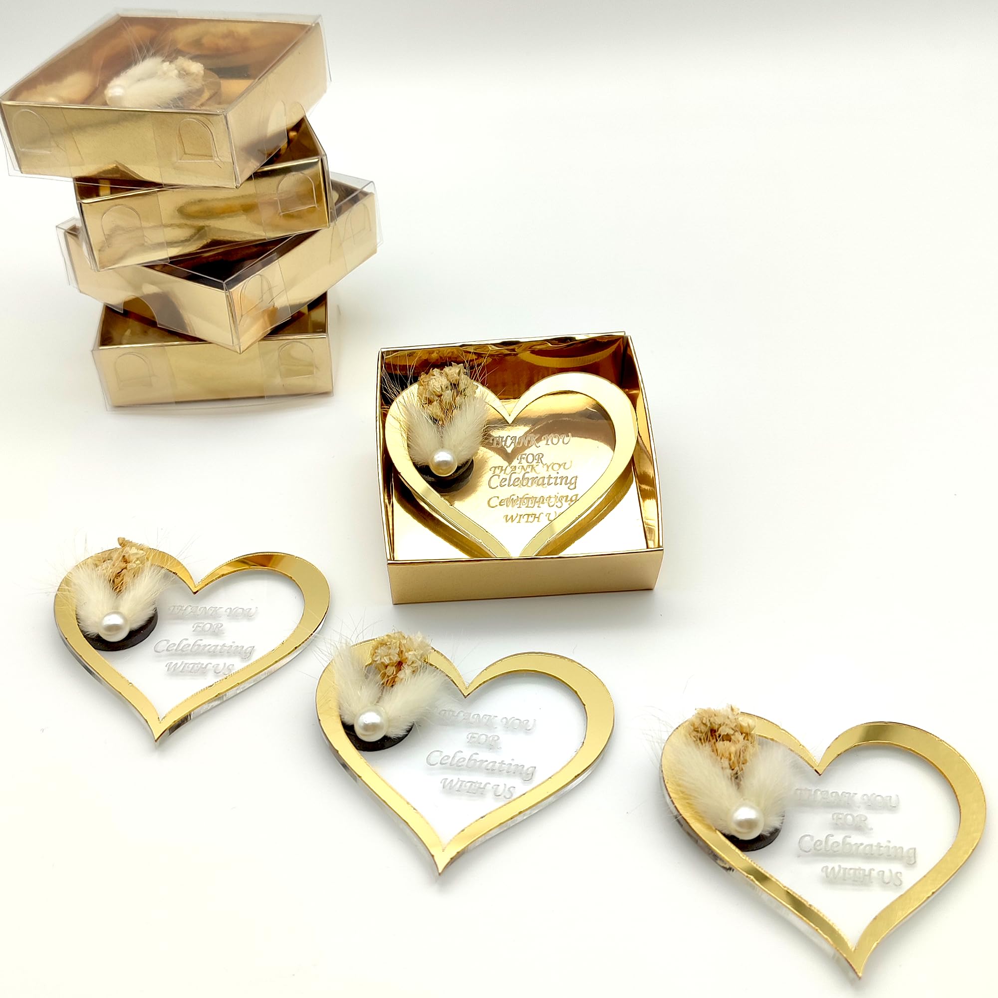 Bomboniere matrimonio, bomboniere battesimo,25 pezzi oro argento acrilico Magnete da Frigorifero comunione cresima compleanno (stile cuore oro, set da 25)